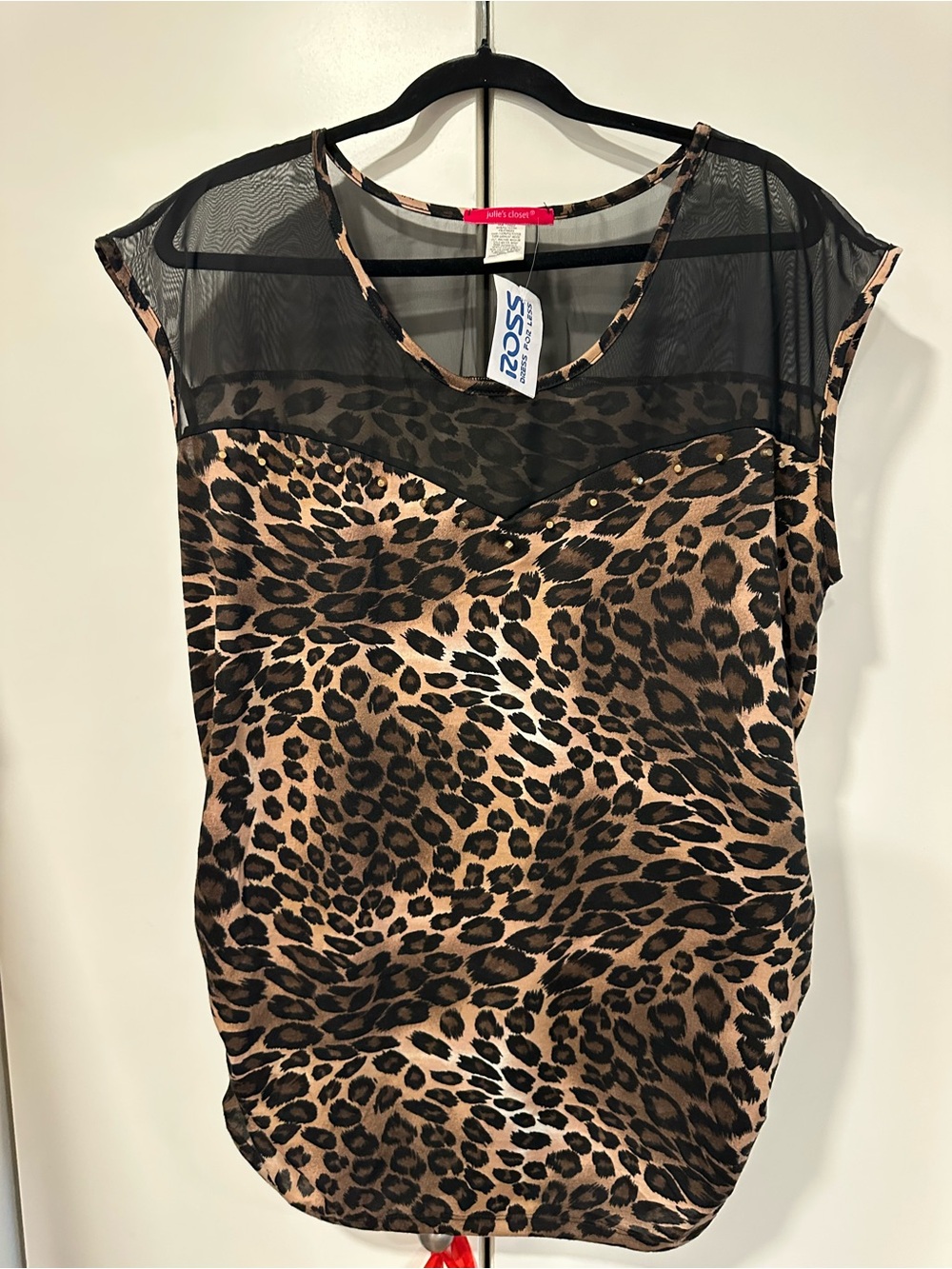 Julies Closet .NWT 2x Leopard Print Mesh Yoke Blouse - Brown/Black